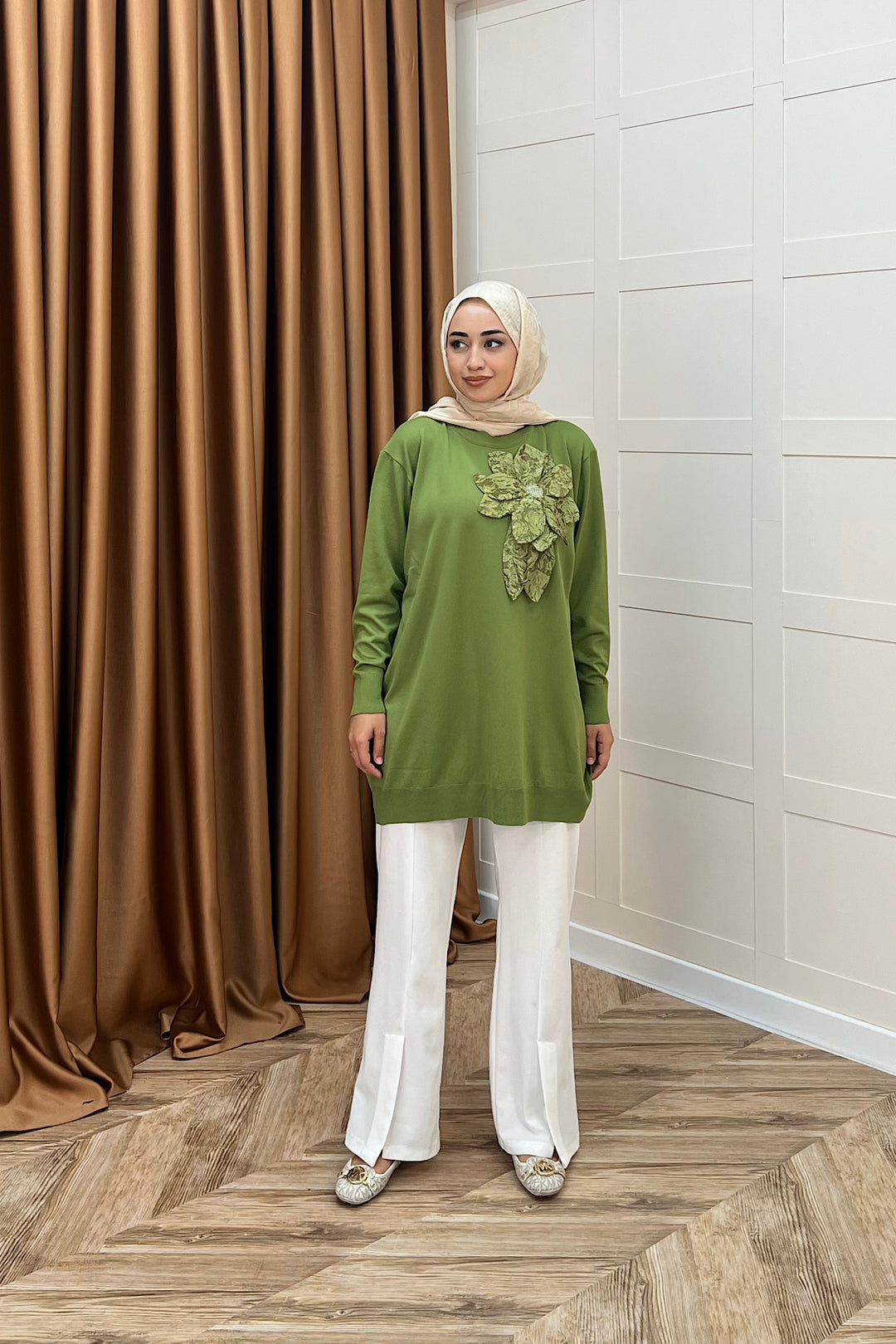 Merserize Çiçekli Triko Tunik Yeşil 2550-YEŞİL