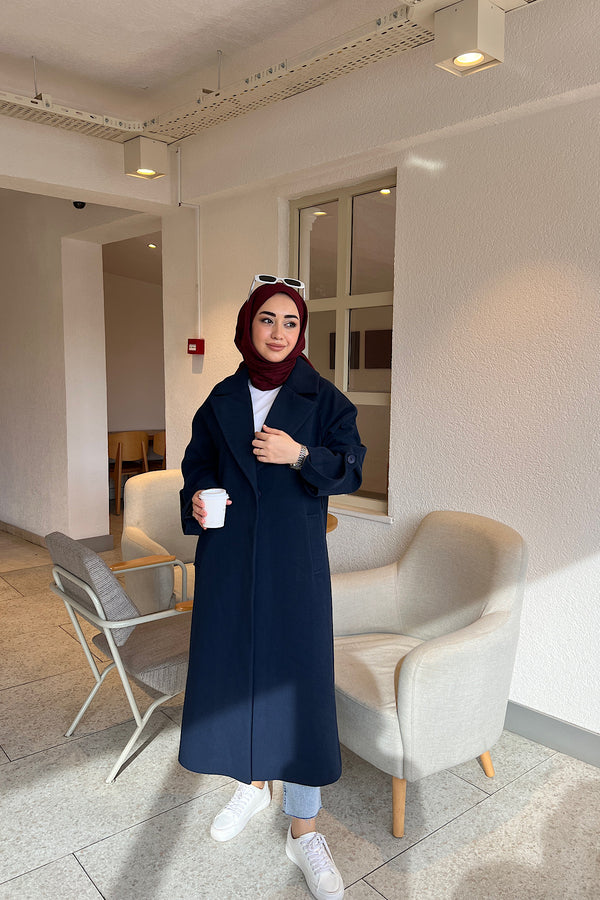 Kol Detay Kaşe Kaban Lacivert 5522-LACIVERT