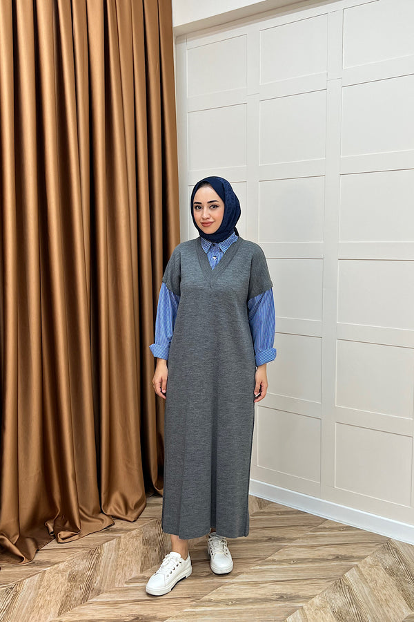 Samira Gömlek Detaylı Triko Elbise Gri 241110-GRI