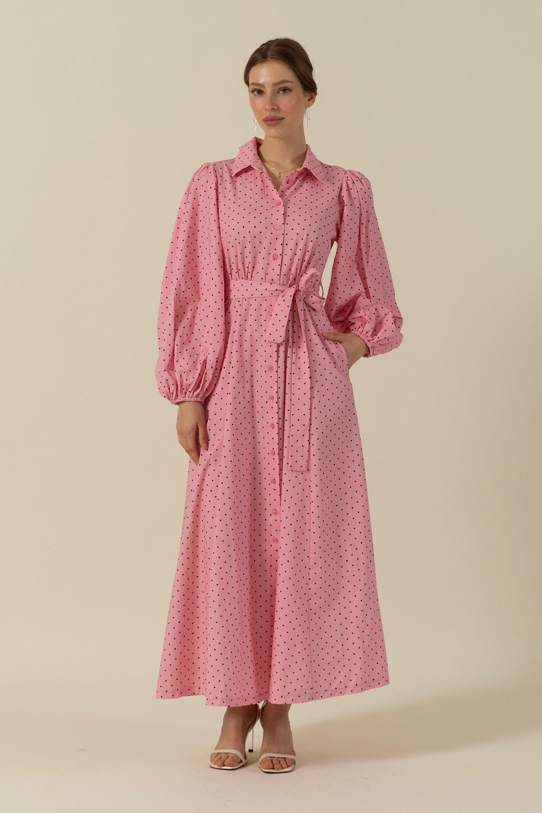 Boydan Düğmeli Puantiye Desen Elbise Pembe 3041-PEMBE