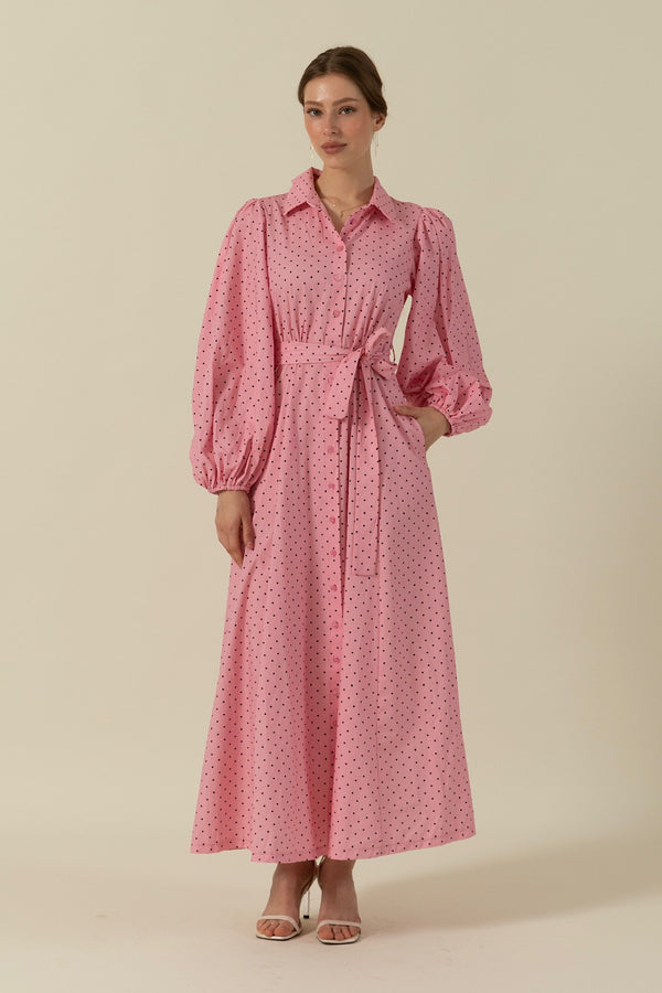 Boydan Düğmeli Puantiye Desen Elbise Pembe 3041-PEMBE