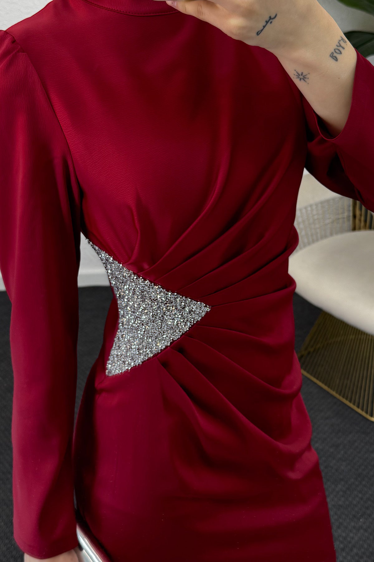 Yanı Taşlı Saten Abiye Bordo 04898-BORDO