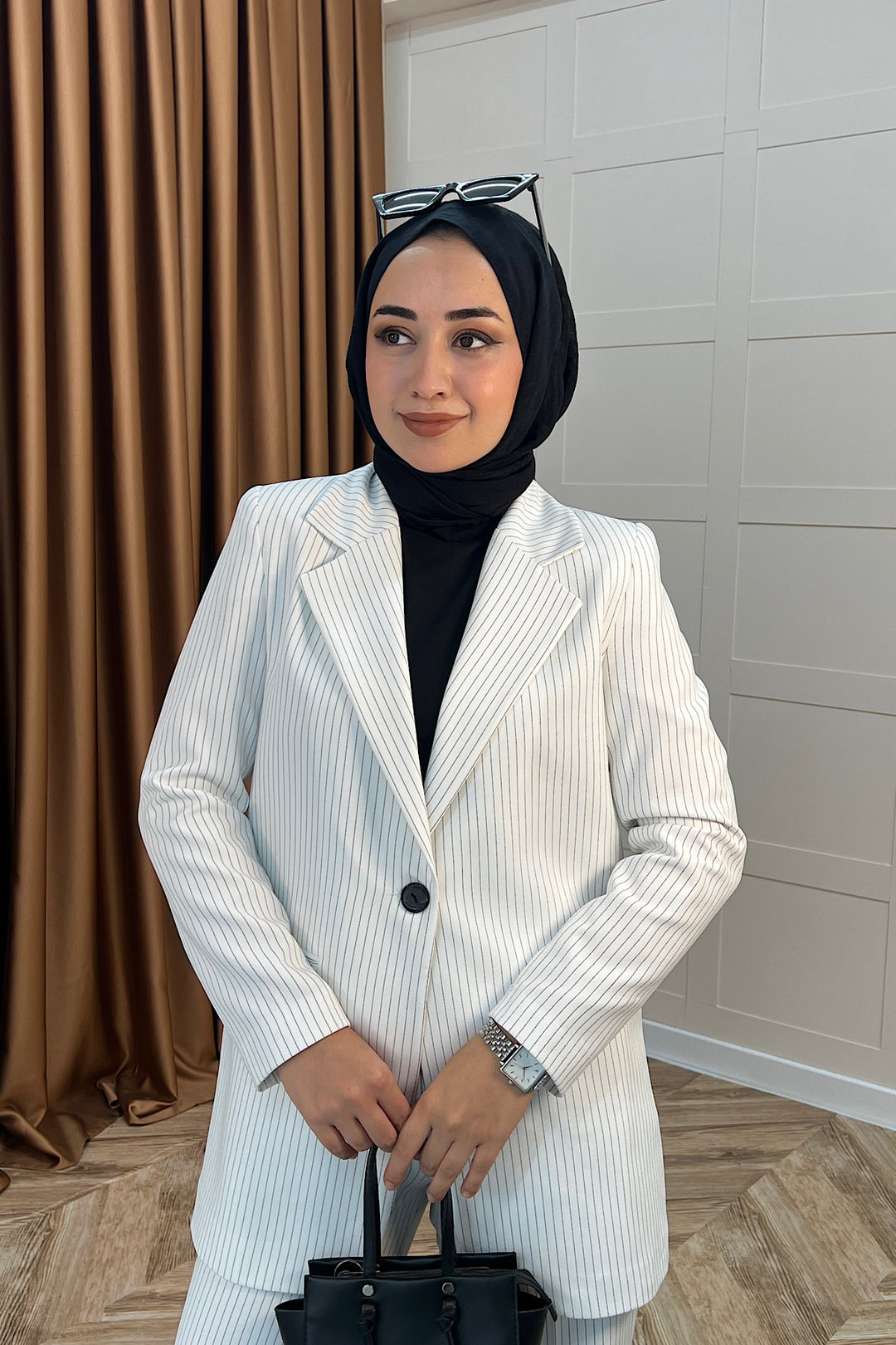 Çizgili Ceket Takım Beyaz 6155-BEYAZ