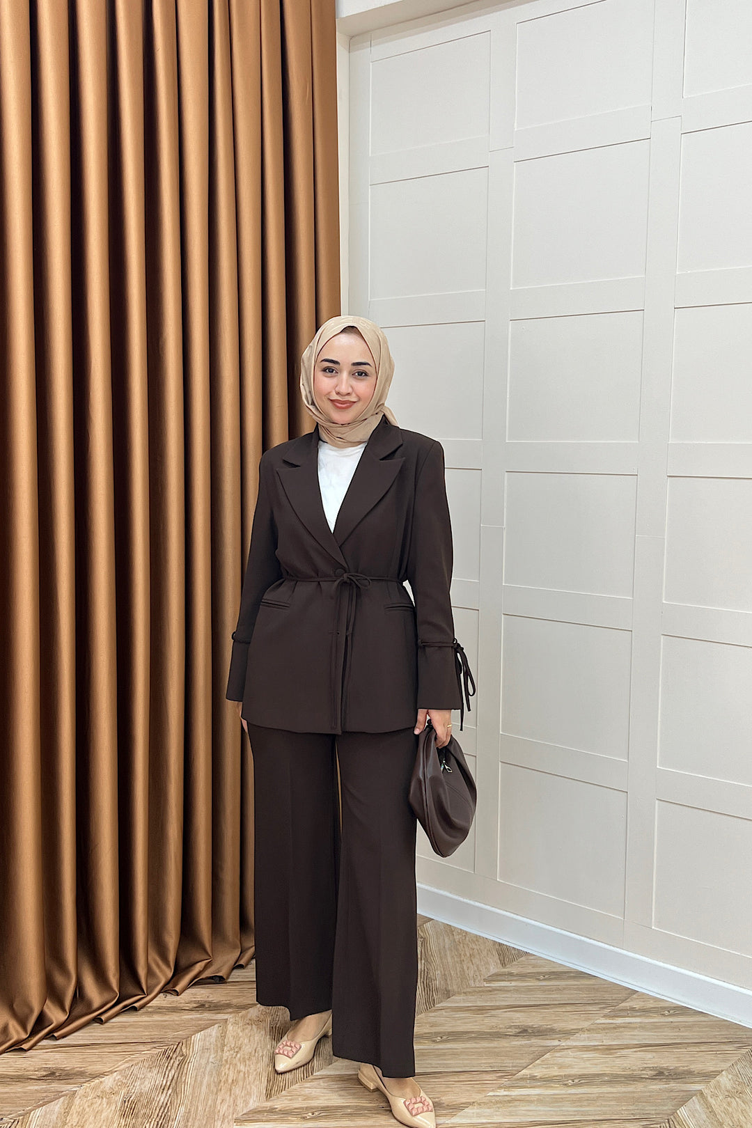 Kuşak Detay Ceket Takım Kahverengi 5004-KAHVERENGI