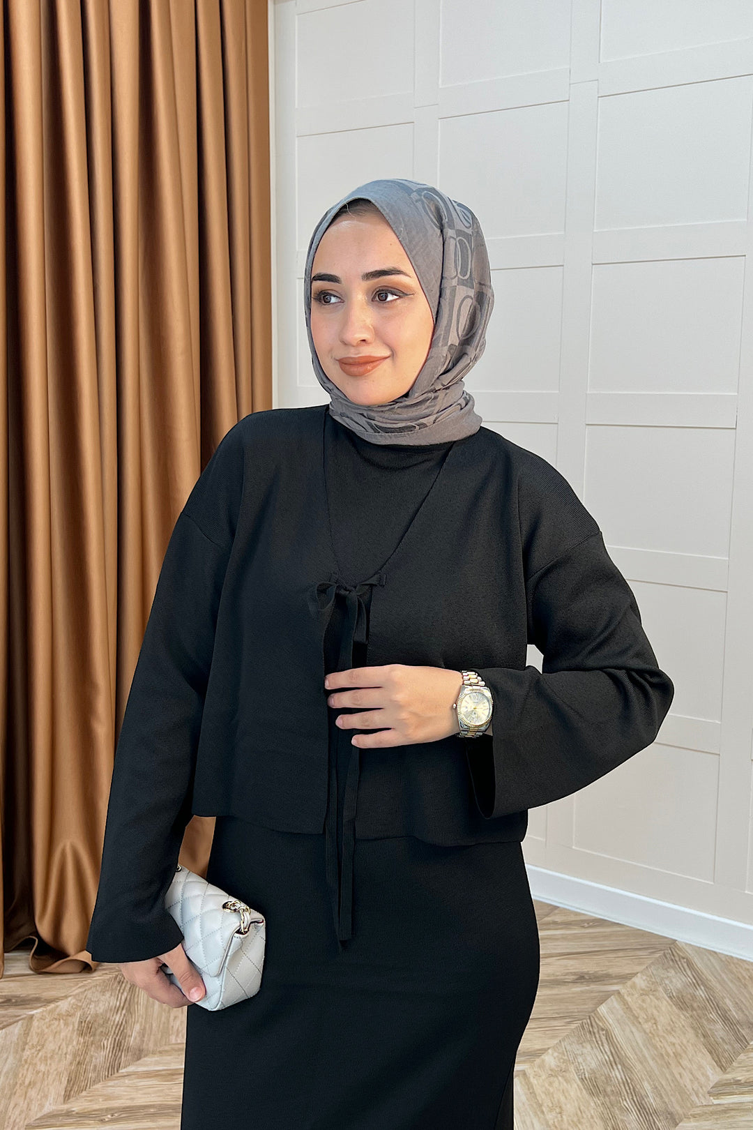 Ester Croplu İkili Triko Elbise Siyah 25160-SIYAH