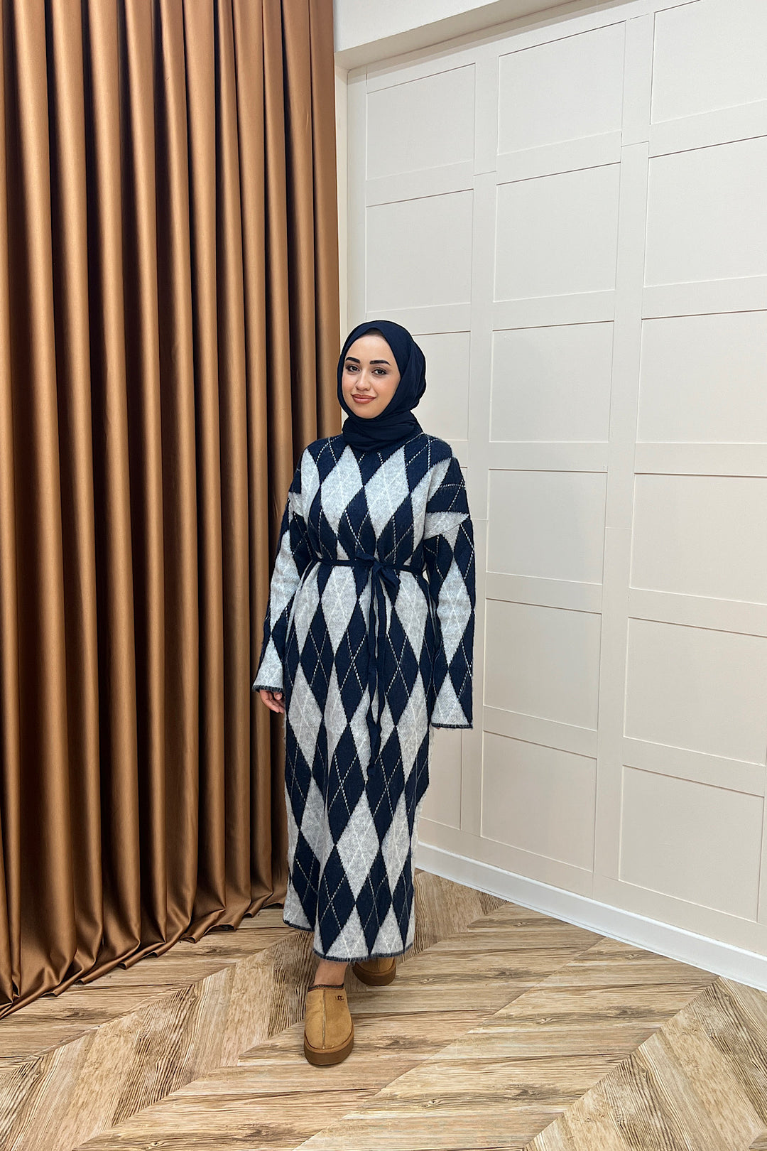 Baklava Desenli Triko Elbise Lacivert 241300-LACIVERT