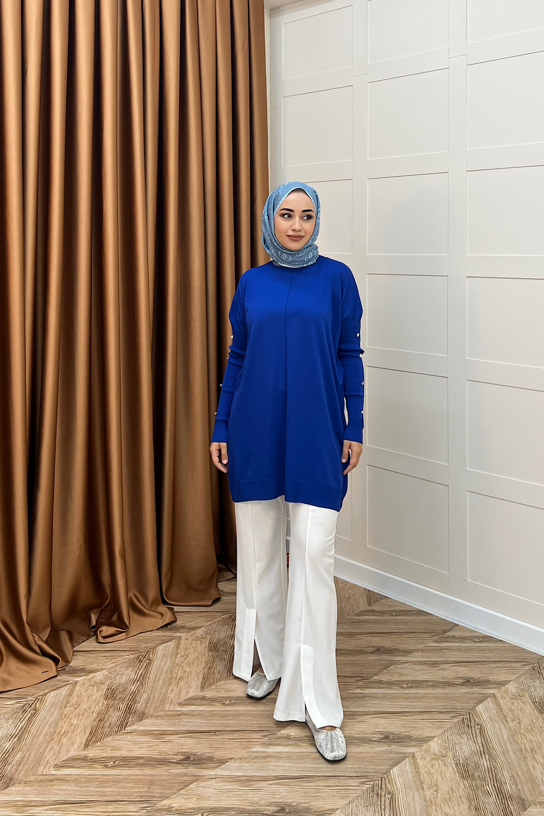 Kol Düğmeli Triko Tunik Saks 24280-SAKS