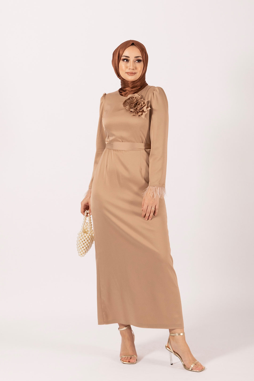 Broş Detay Saten Abiye Vizon 4892-VIZON