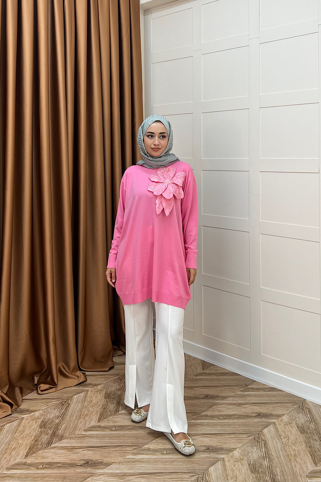 Merserize Çiçekli Triko Tunik Pembe 2550-PEMBE