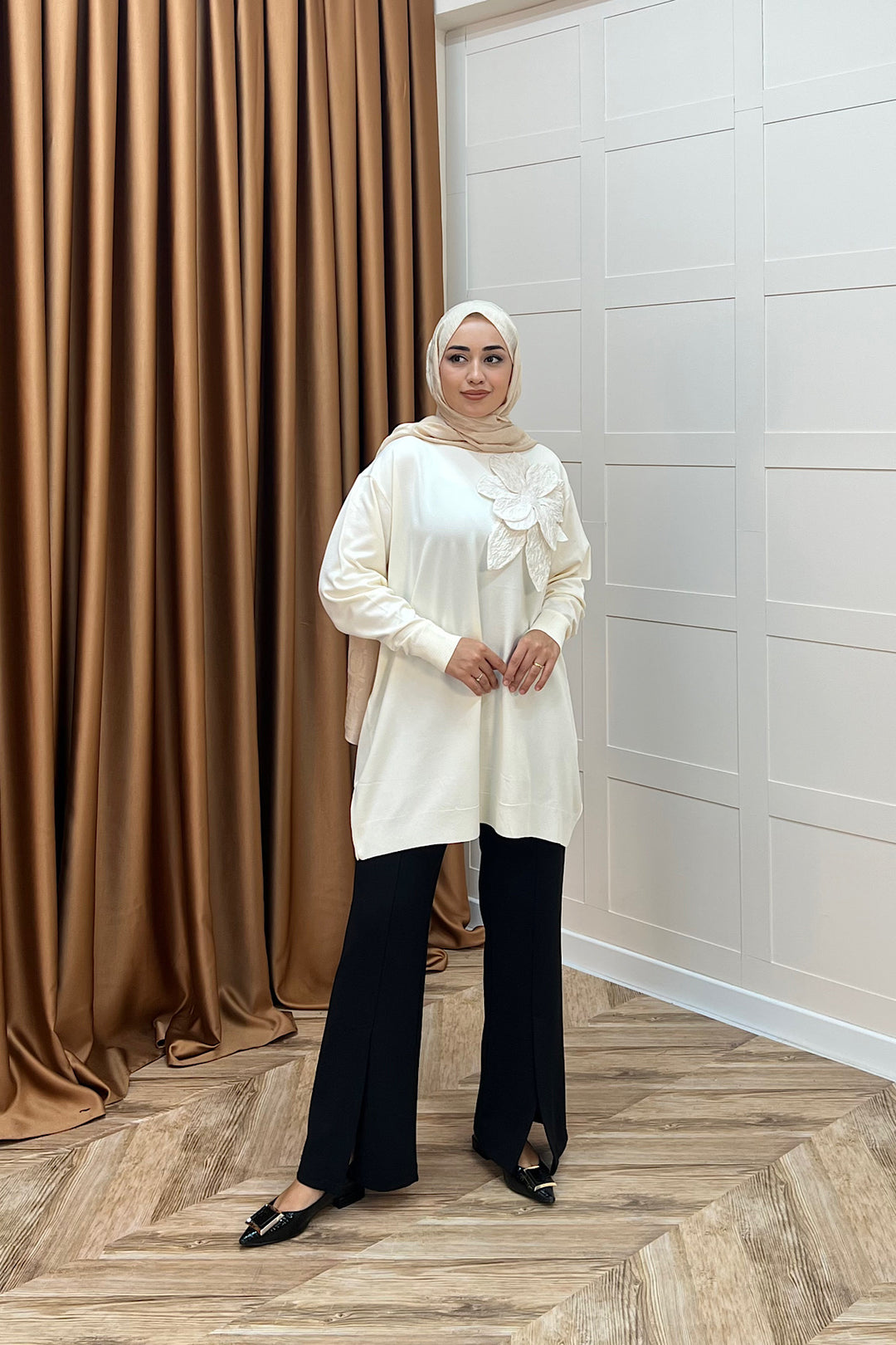 Merserize Çiçekli Triko Tunik Krem 2550-KREM