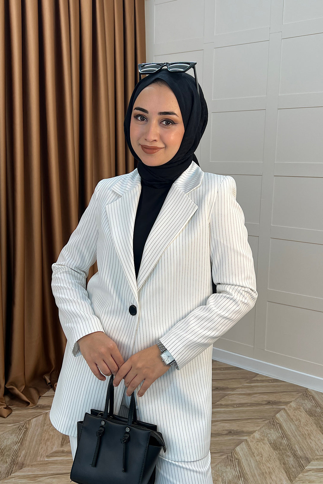 Çizgili Ceket Takım Beyaz 6155-BEYAZ