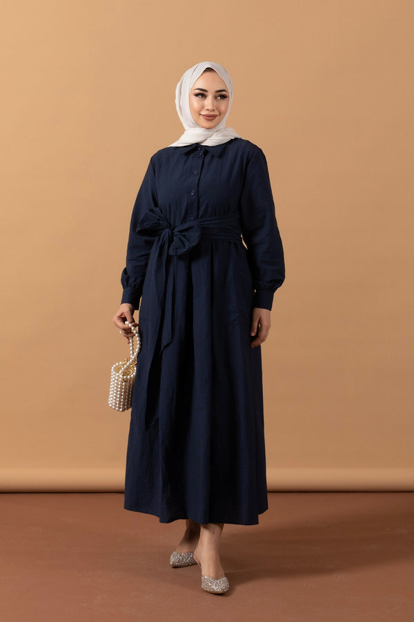 Belden Bağlamalı Keten Elbise Lacivert 1712-LACIVERT