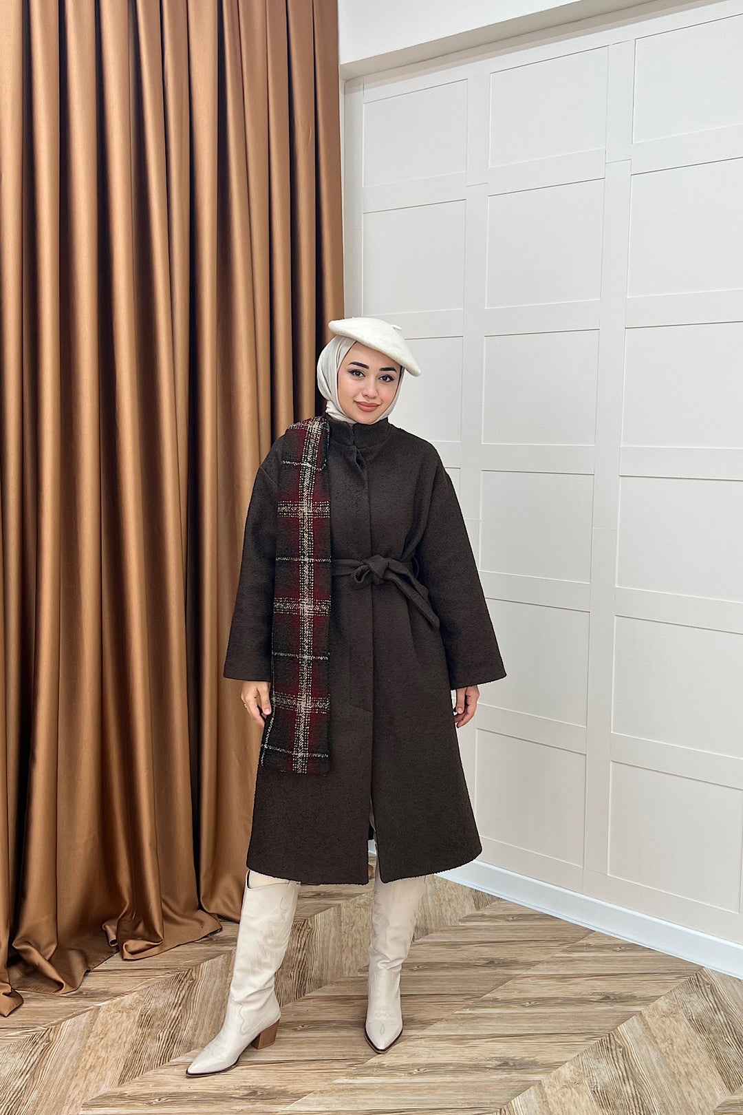 Duru Premium Kumaş Atkı Detay Kaban Kahverengi 5517-KAHVERENGI