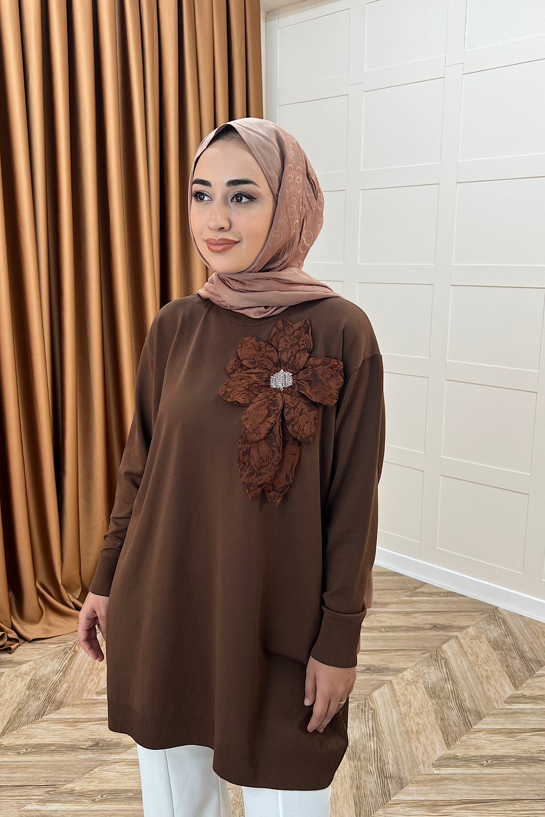 Merserize Çiçekli Triko Tunik Kahverengi 2550-KAHVERENGI