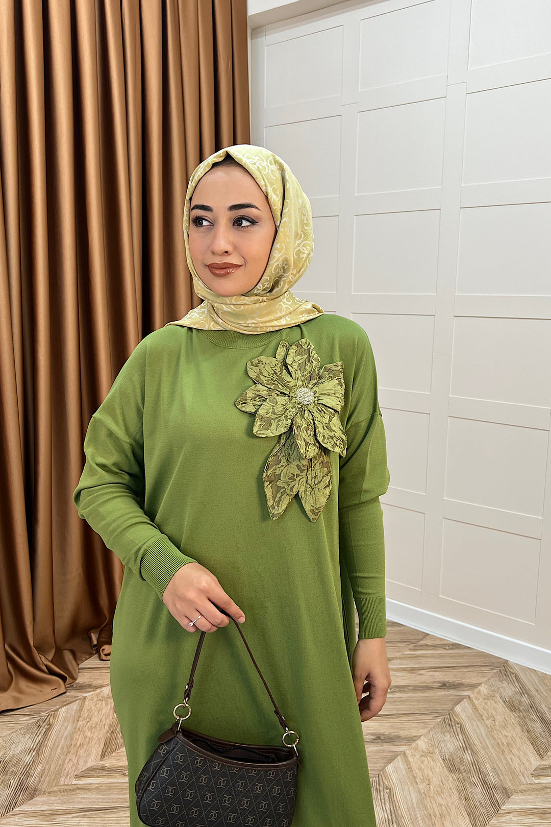 Zambak Merserize Triko Elbise Yeşil 25110-YESIL