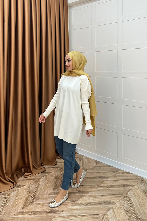 Kol Düğmeli Triko Tunik Ekru 24280-EKRU