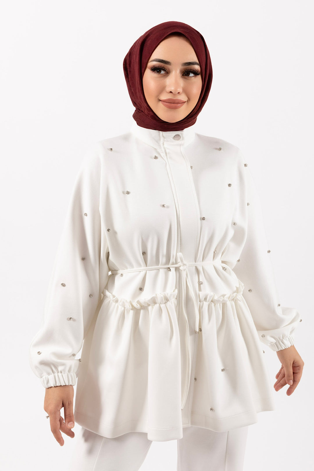 Yarasa Kol Belden Büzgülü Takım Beyaz 24K1784-BEYAZ