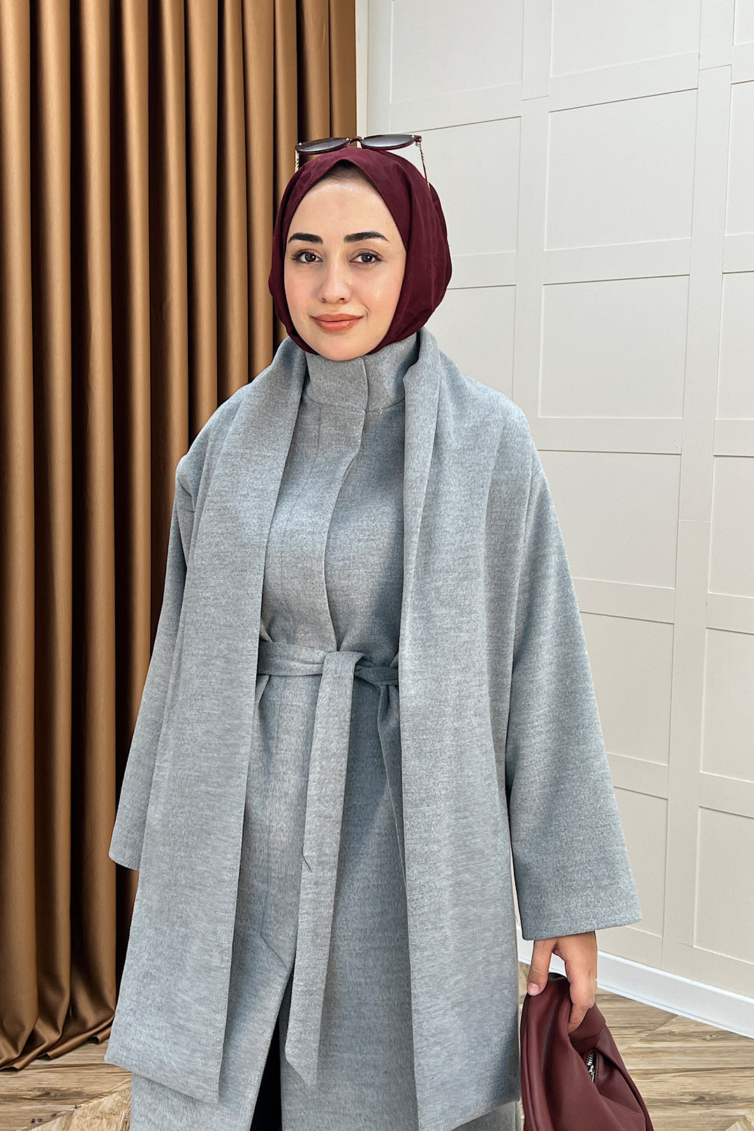 Siena Atkı Detay Kaşe Kaban Gri 5530-GRI