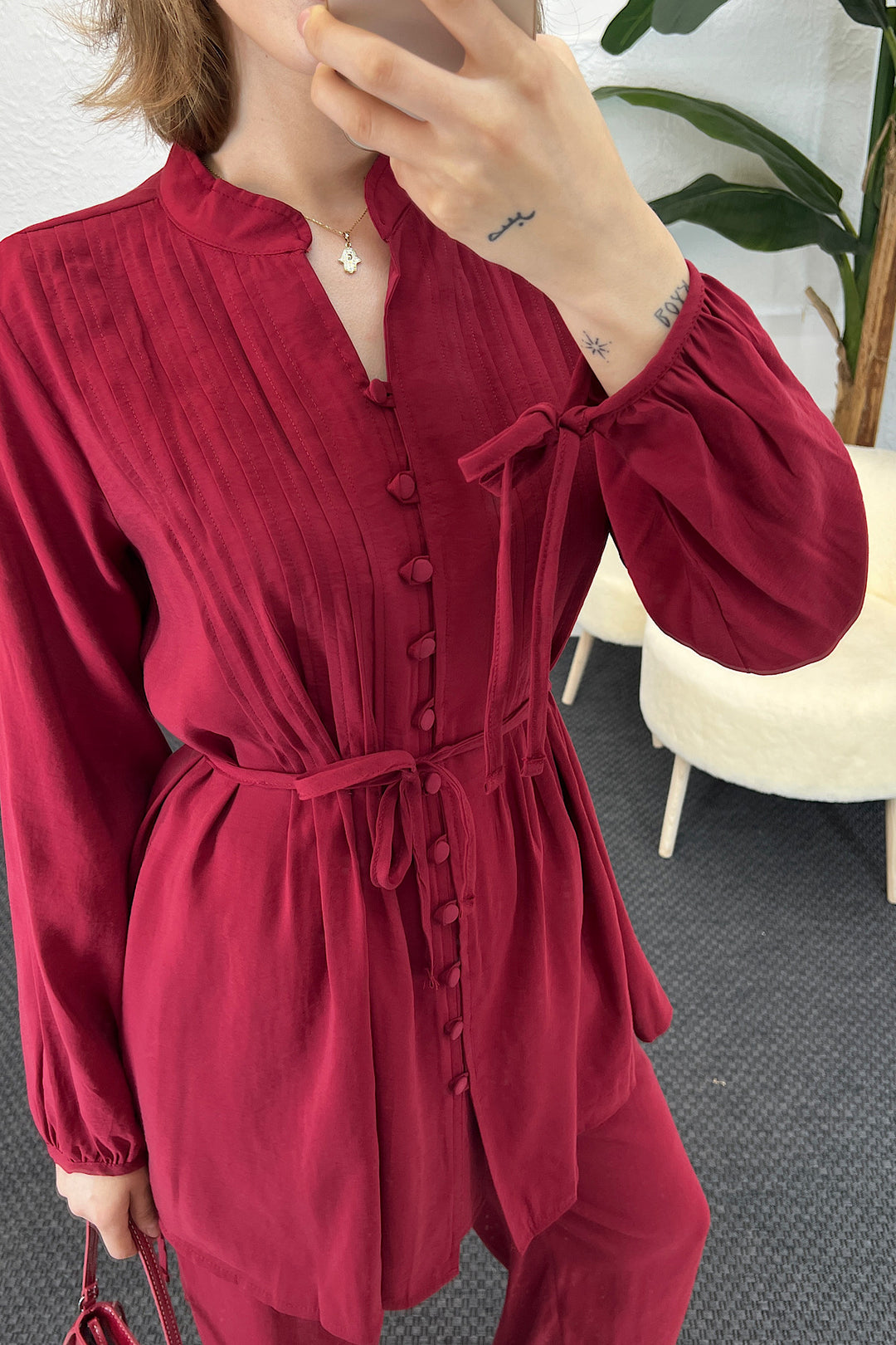 Kolları Bağcık Detay Önden Düğmeli Takım Bordo 1944-BORDO