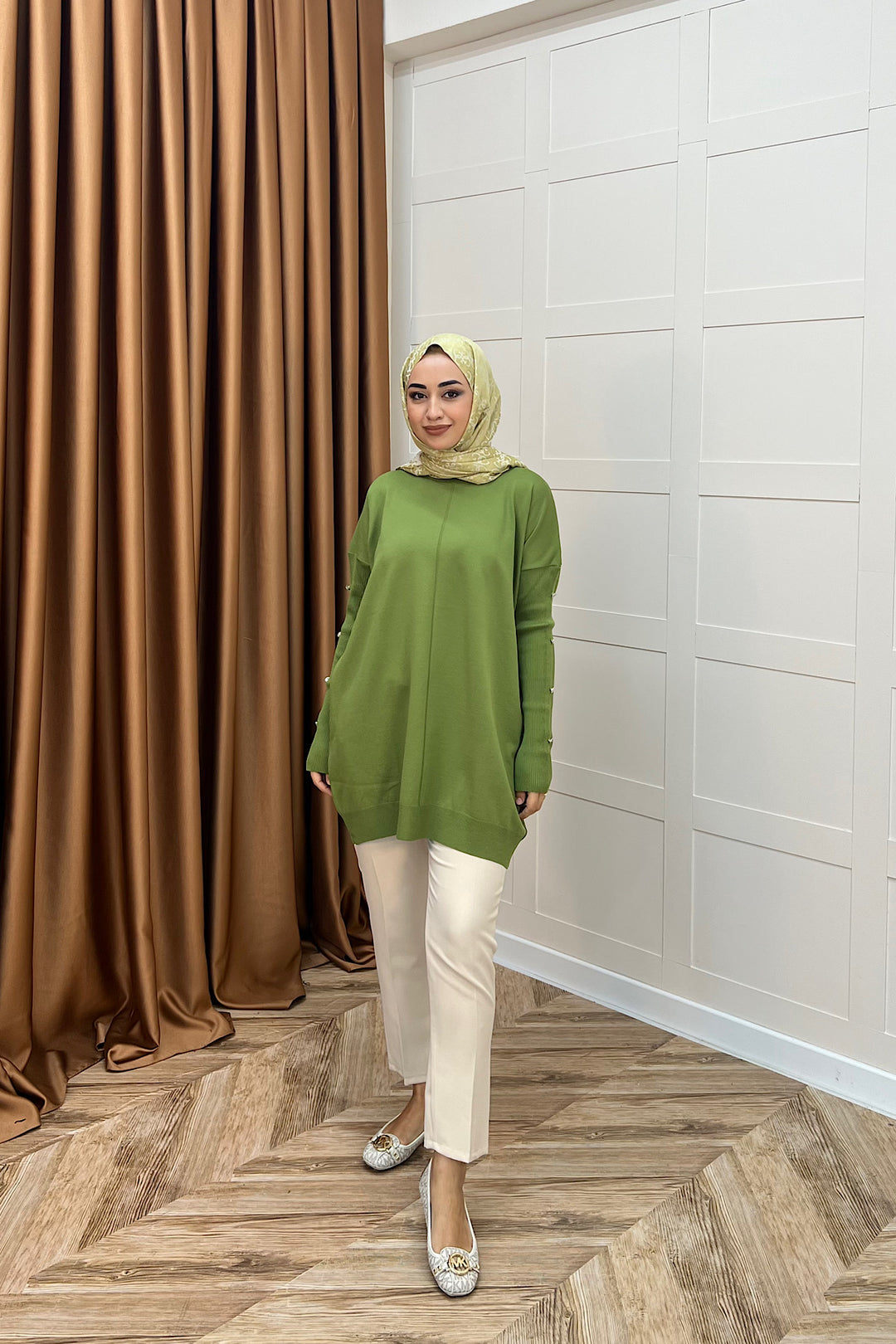 Kol Düğmeli Triko Tunik Yağ Yeşili 24280-YAGYESILI