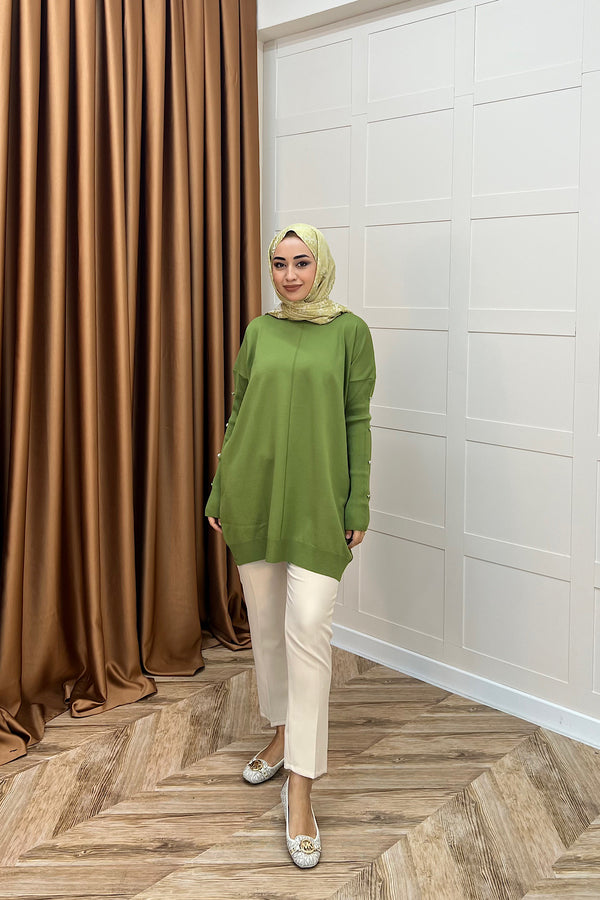Kol Düğmeli Triko Tunik Yağ Yeşili 24280-YAGYESILI
