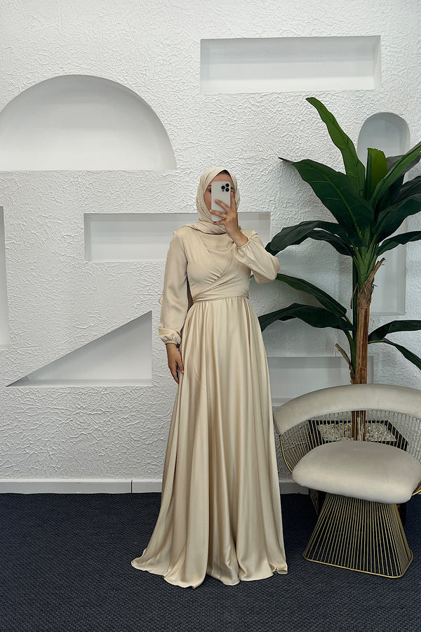 Önü Çarpraz Saten Abiye Krem 4529-KREM