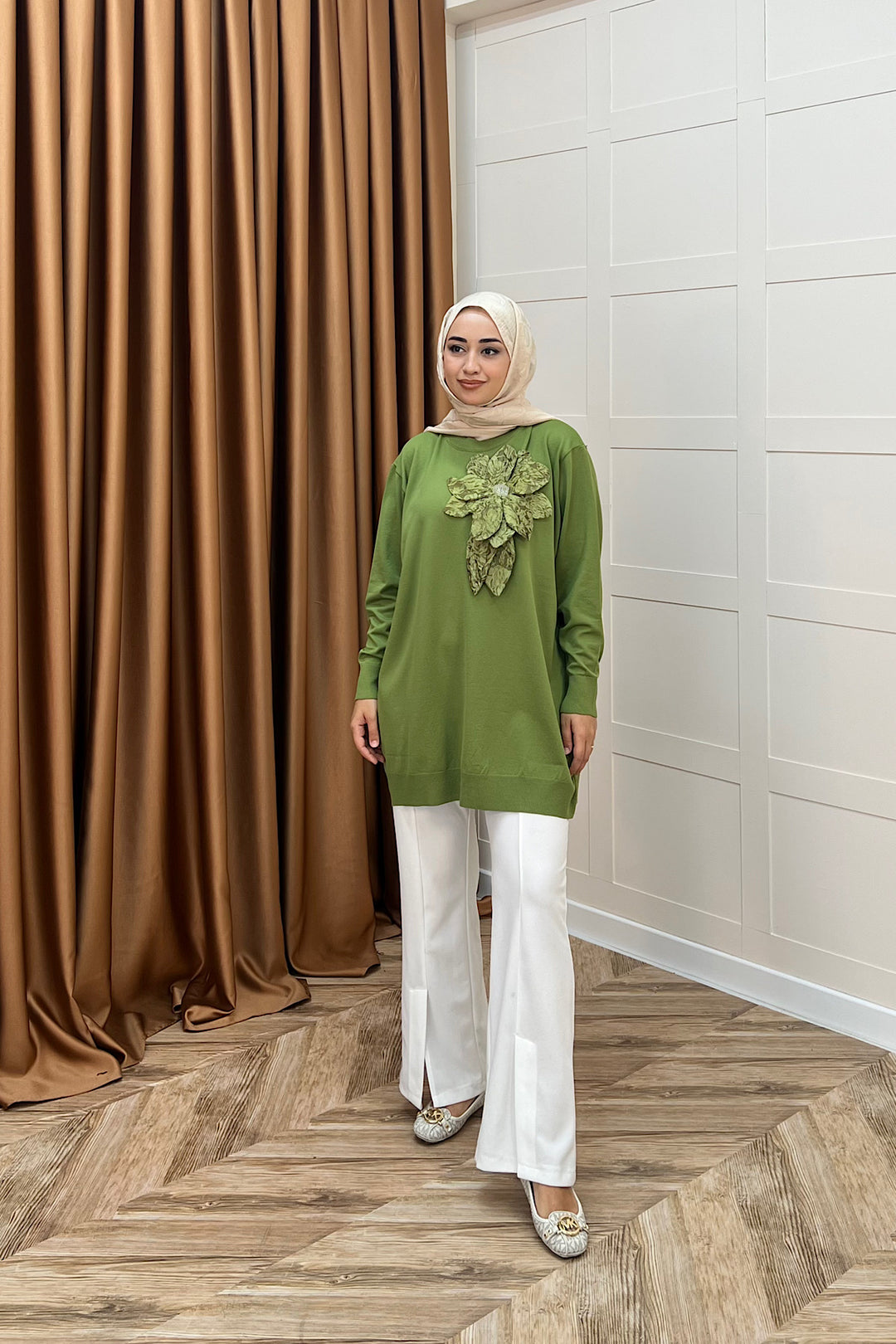 Merserize Çiçekli Triko Tunik Yeşil 2550-YEŞİL