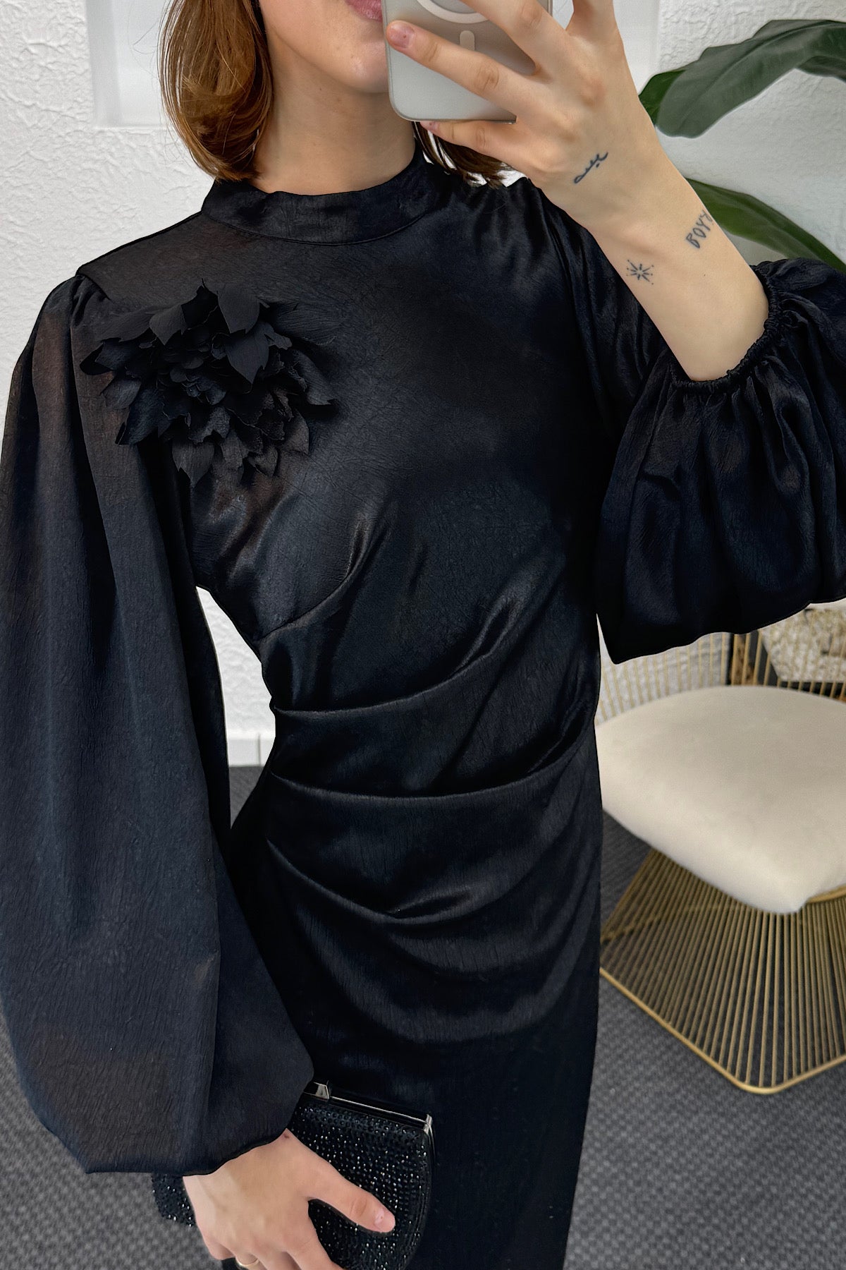 Sanna Broş Detay Abiye Siyah 4985-SIYAH