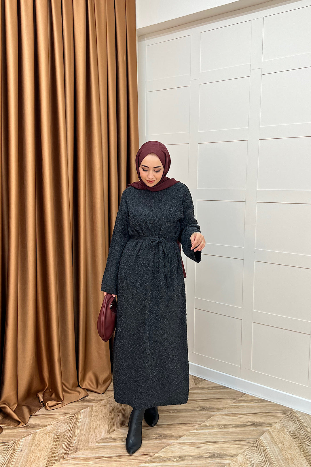 Yumoş Sim Karışımlı Salaş Triko Elbise Antrasit 252500-ANTRASIT