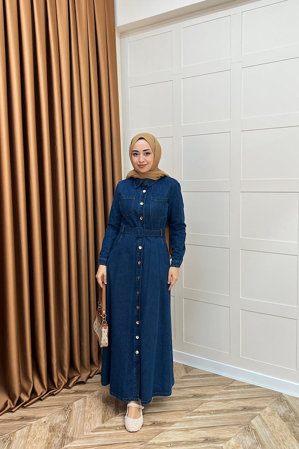 Boydan Düğmeli Kot Elbise Lacivert 3022-LACIVERT