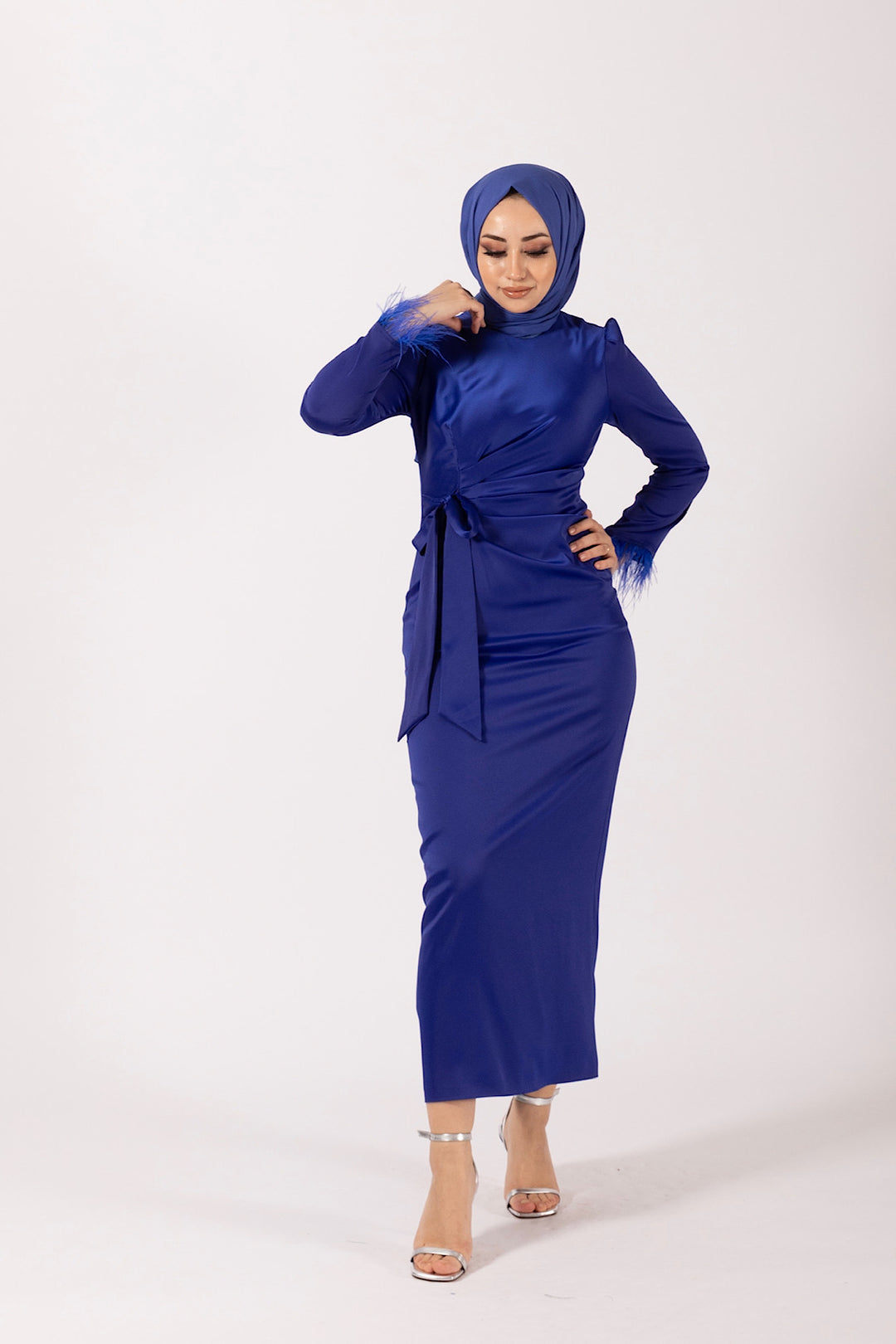 Kol Saçaklı Saten Abiye Saks 4897-SAKS