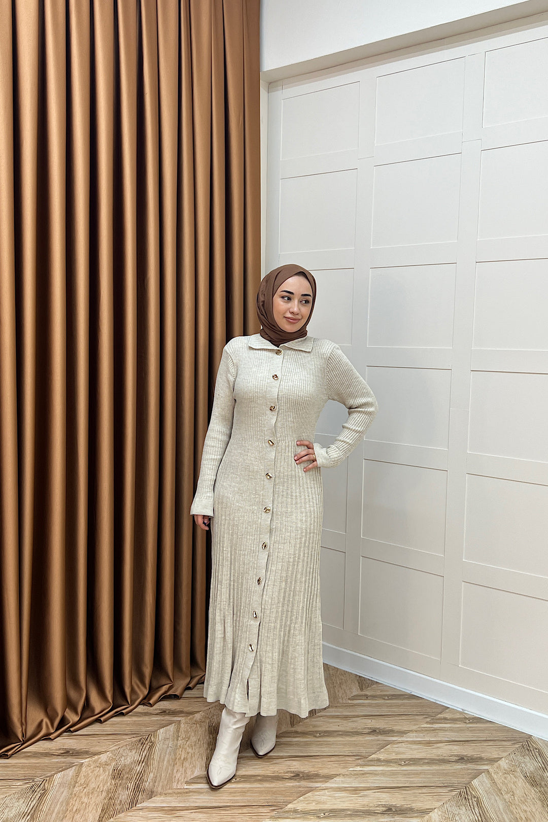 Endam Düğmeli Triko Elbise Taş 10201-TAS