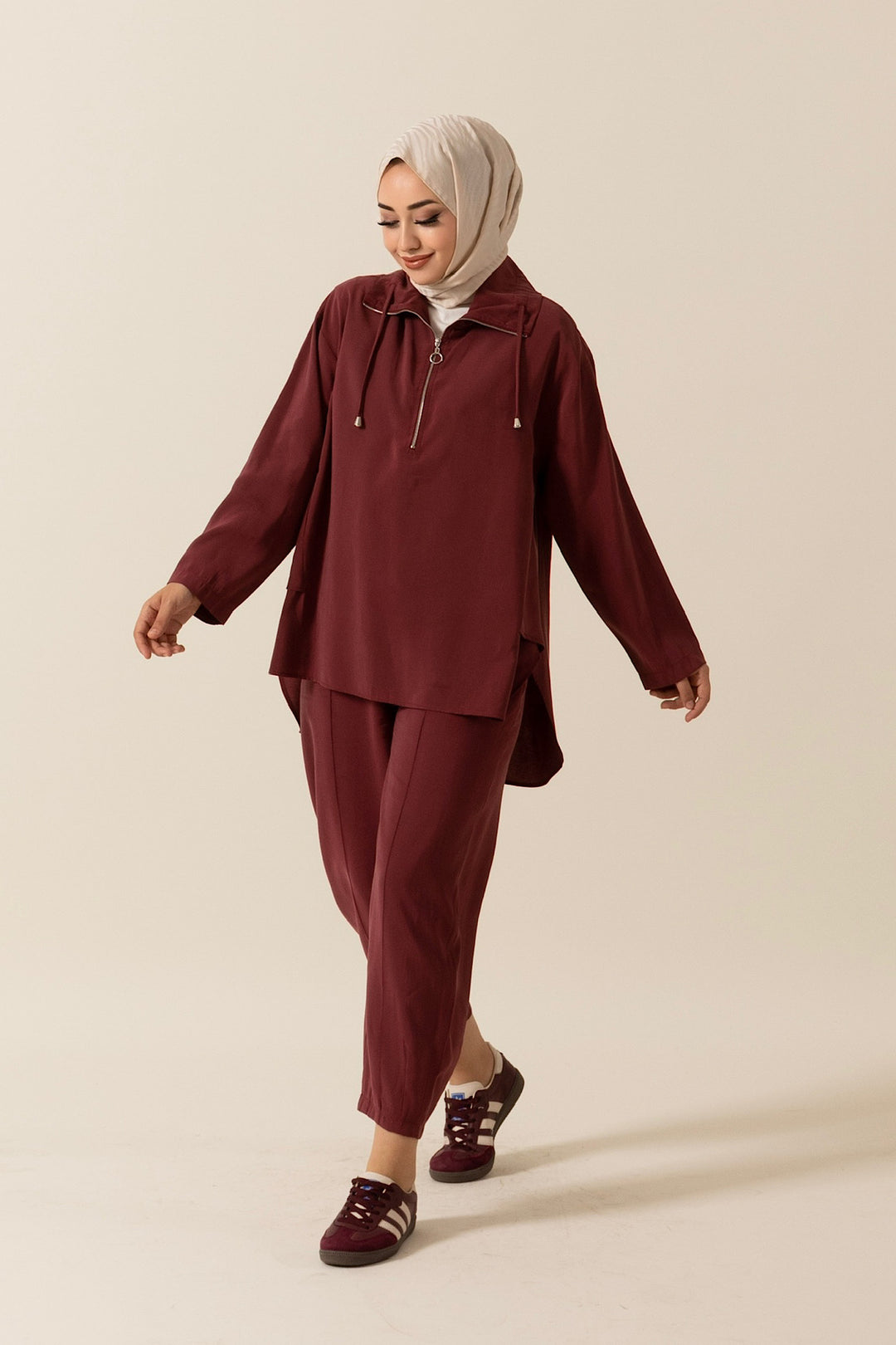 Yarım Fermuar Detay Ikılı Takım Bordo 8370-BORDO