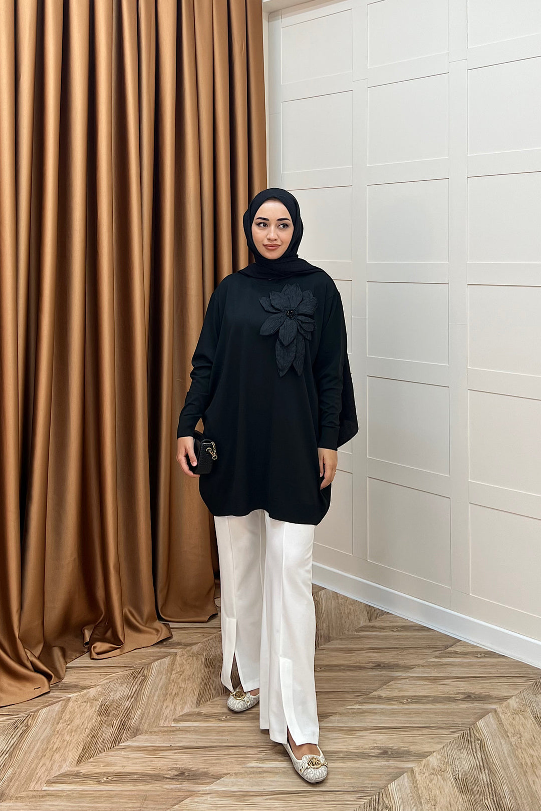 Merserize Çiçekli Triko Tunik Siyah 2550-SIYAH