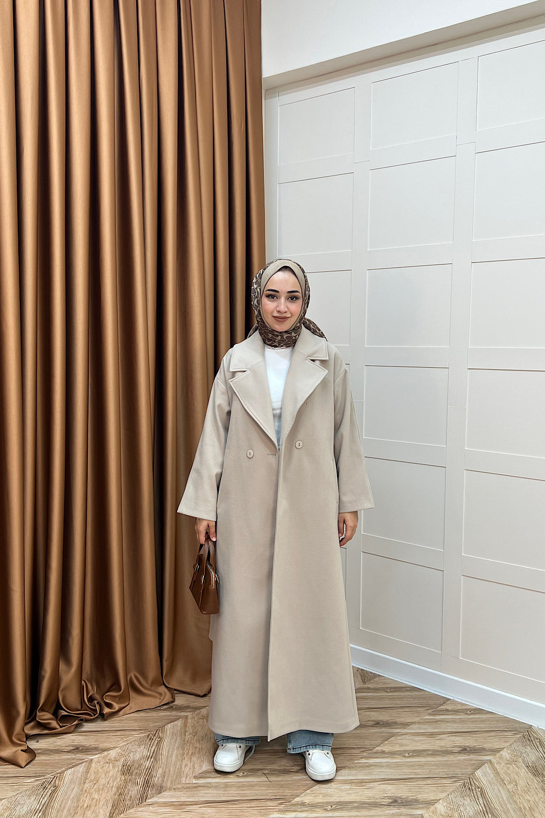 Retro Premium Kumaş Uzun Kaşe Kaban Taş 5509-TAS