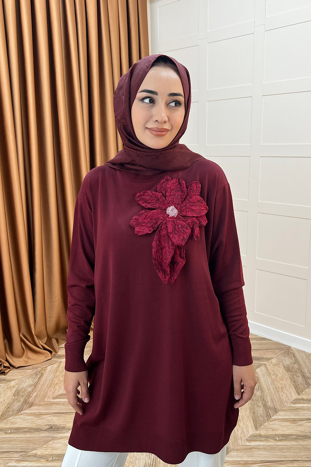 Merserize Çiçekli Triko Tunik Bordo 2550-BORDO