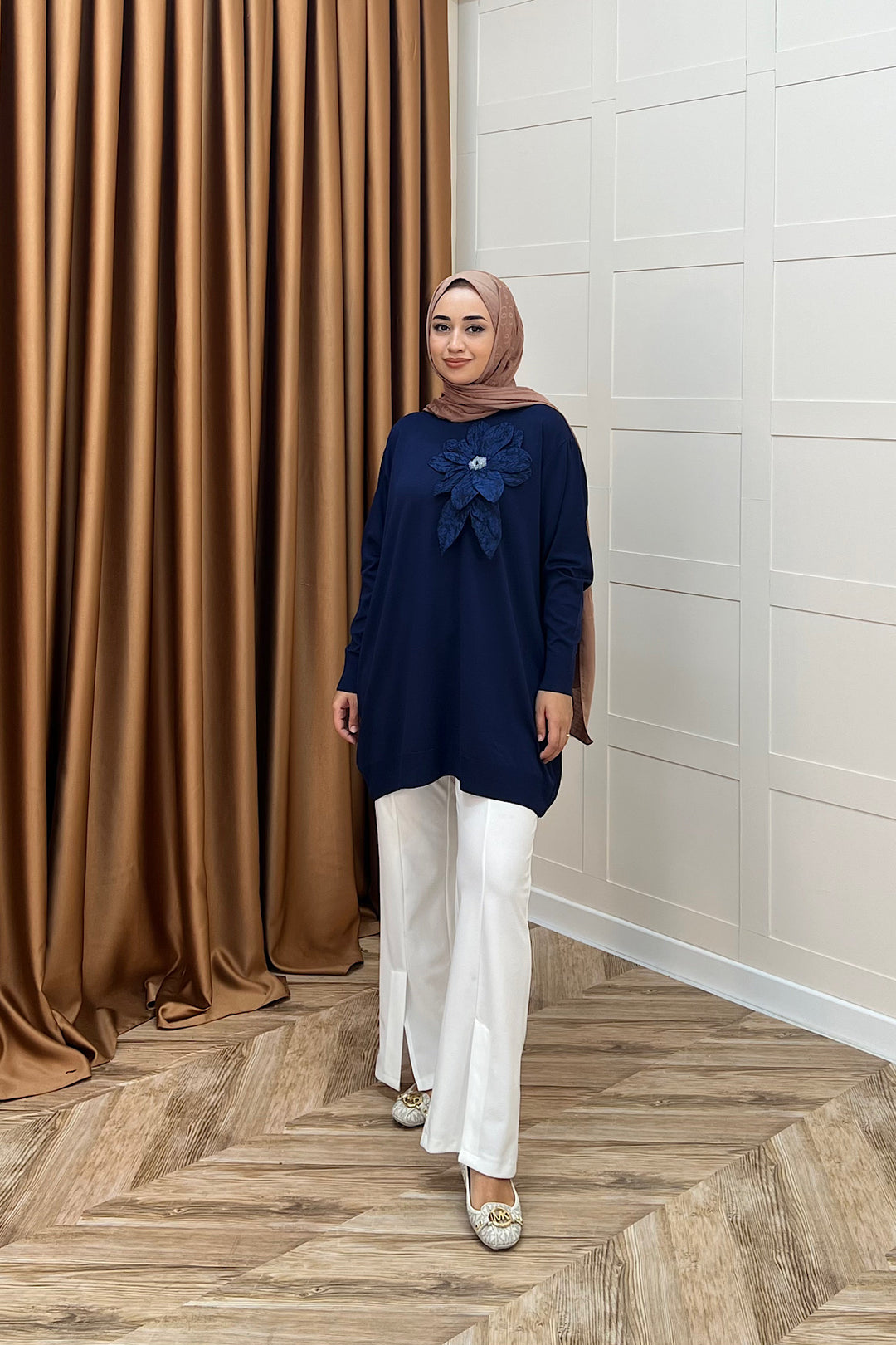Merserize Çiçekli Triko Tunik Lacivert 2550-LACIVERT