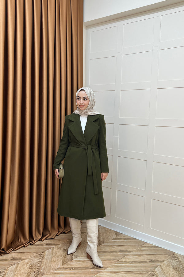 Premium Kuşaklı Kaşe Kaban Haki 5510-HAKI