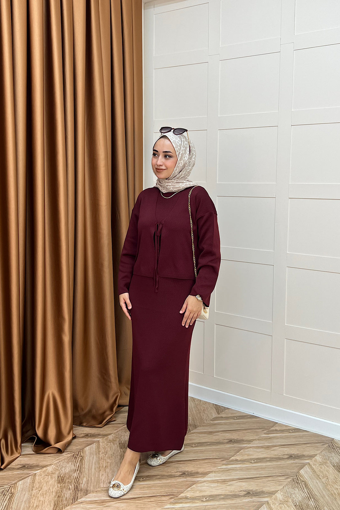 Ester Croplu İkili Triko Elbise Bordo 25160-BORDO