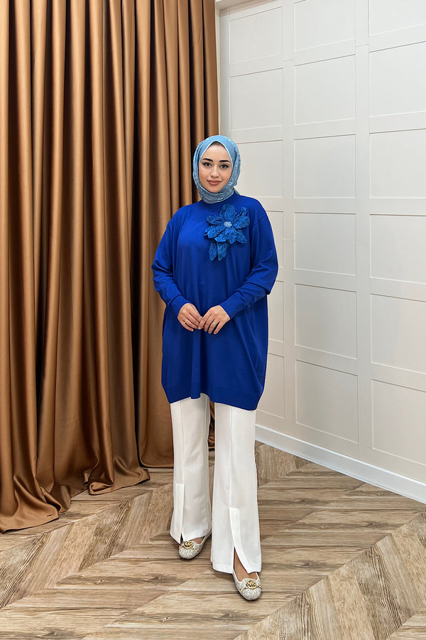 Merserize Çiçekli Triko Tunik Saks 2550-SAKS