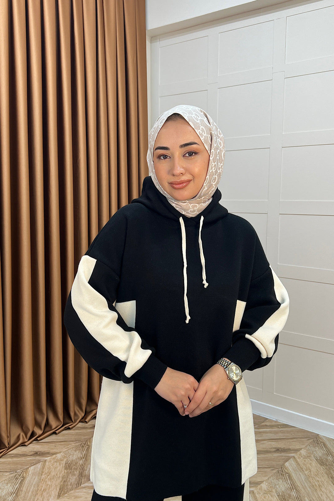 Lapis Çizgili Kapüşonlu Triko Takım Siyah 241210-SIYAH