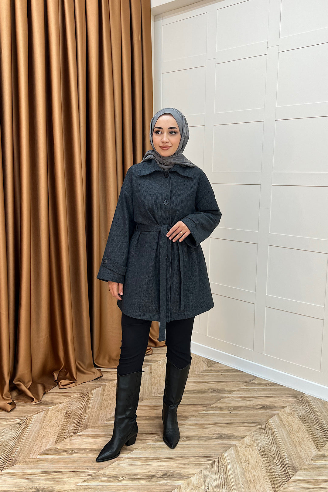 Bensu Kuşaklı Kaşe Kaban Siyah 5518-SIYAH