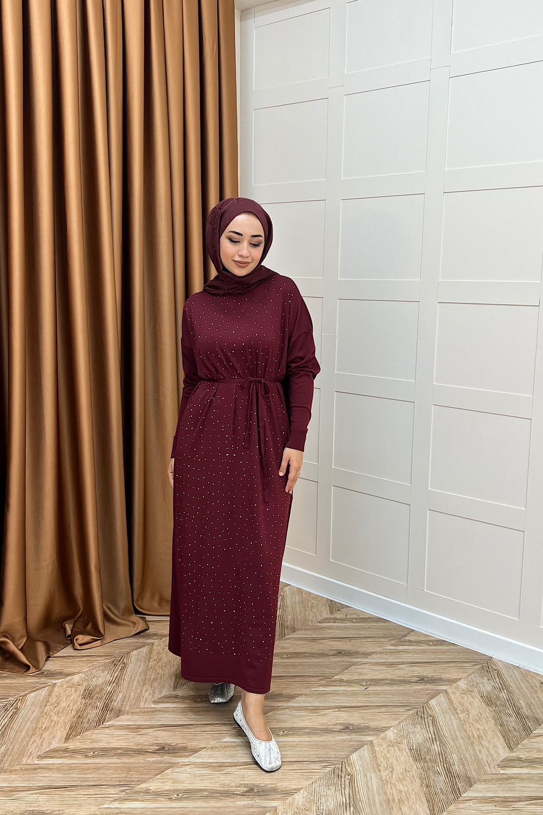Mabel Taşlı Triko Elbise Bordo 25270-BORDO