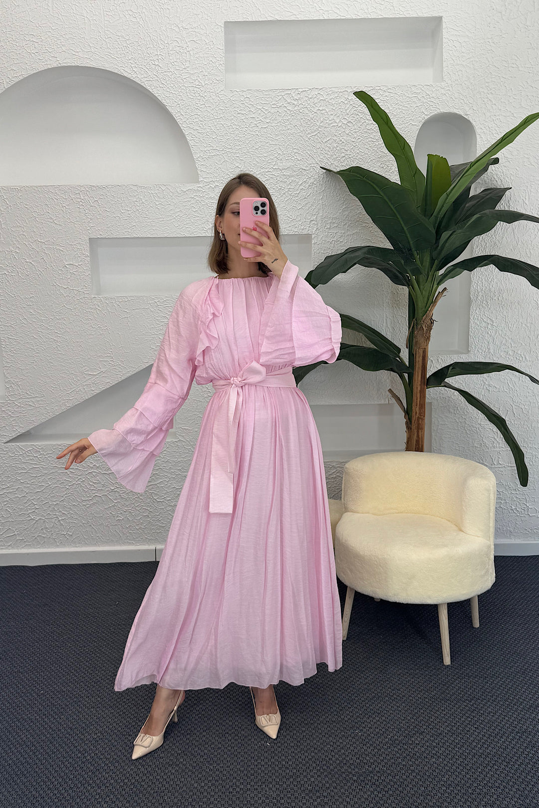 Lio Fırfır Detay Elbise Pembe 3370-PEMBE