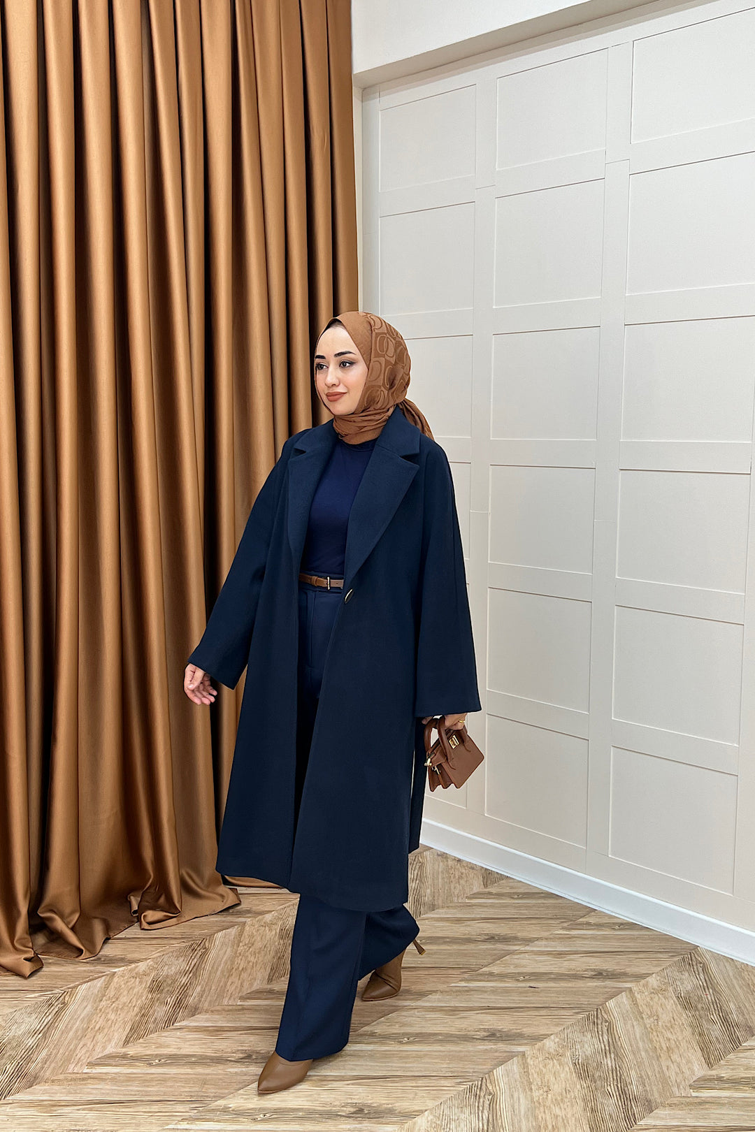 Yıldız Premium Kumaş Kuşaklı Kaban Lacivert 5515-LACIVERT