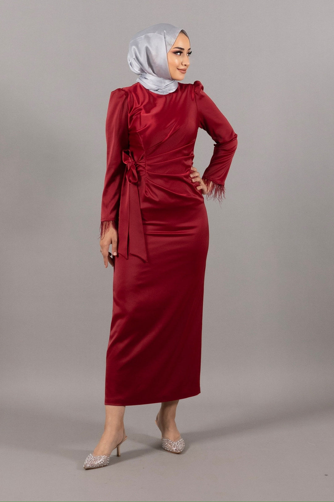 Kol Saçaklı Saten Abiye Bordo 4897-BORDO