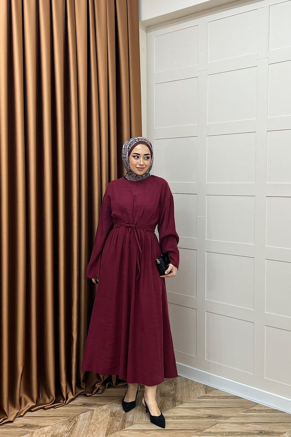 Alya Belden Bağlamalı Elbise Bordo 39020-BORDO