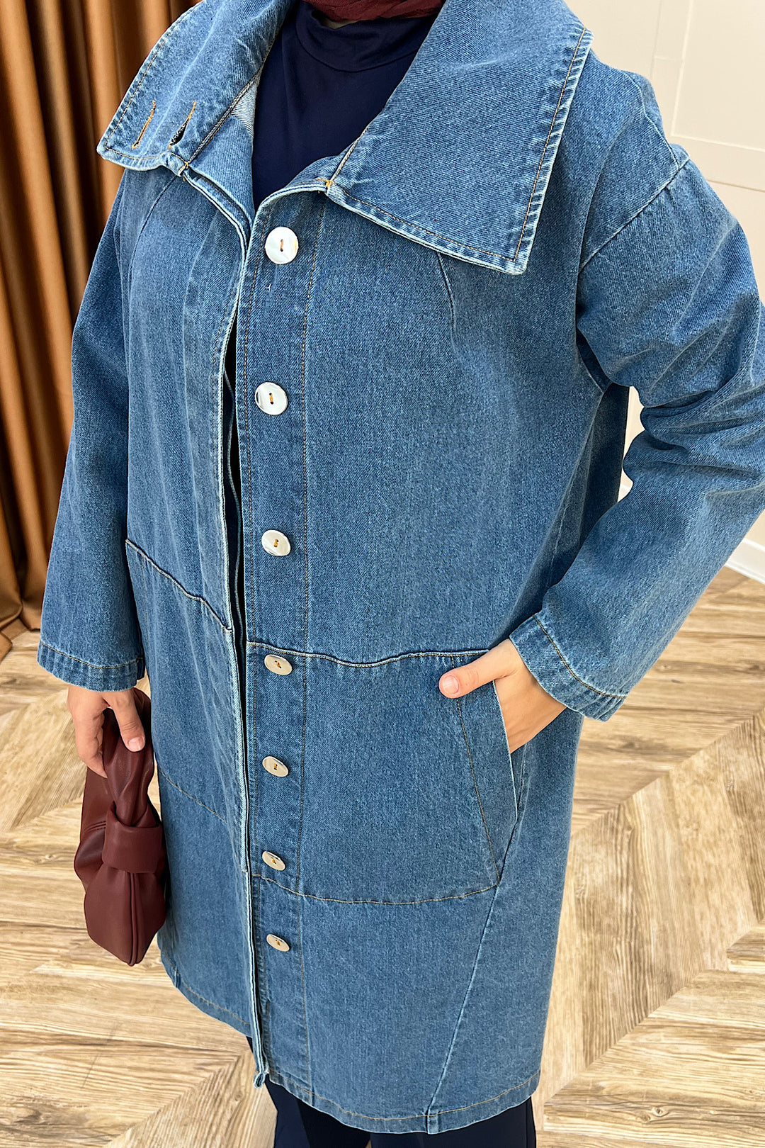 Yaka Detay Kot Ceket Mavi 5507-MAVI