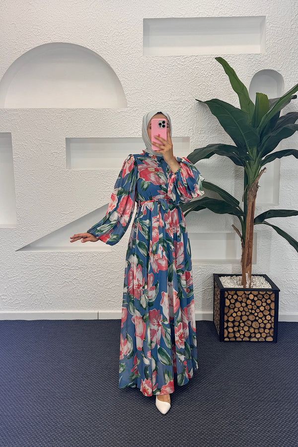 Mindy Hayal Desen Elbise Mavi 3055-MAVI