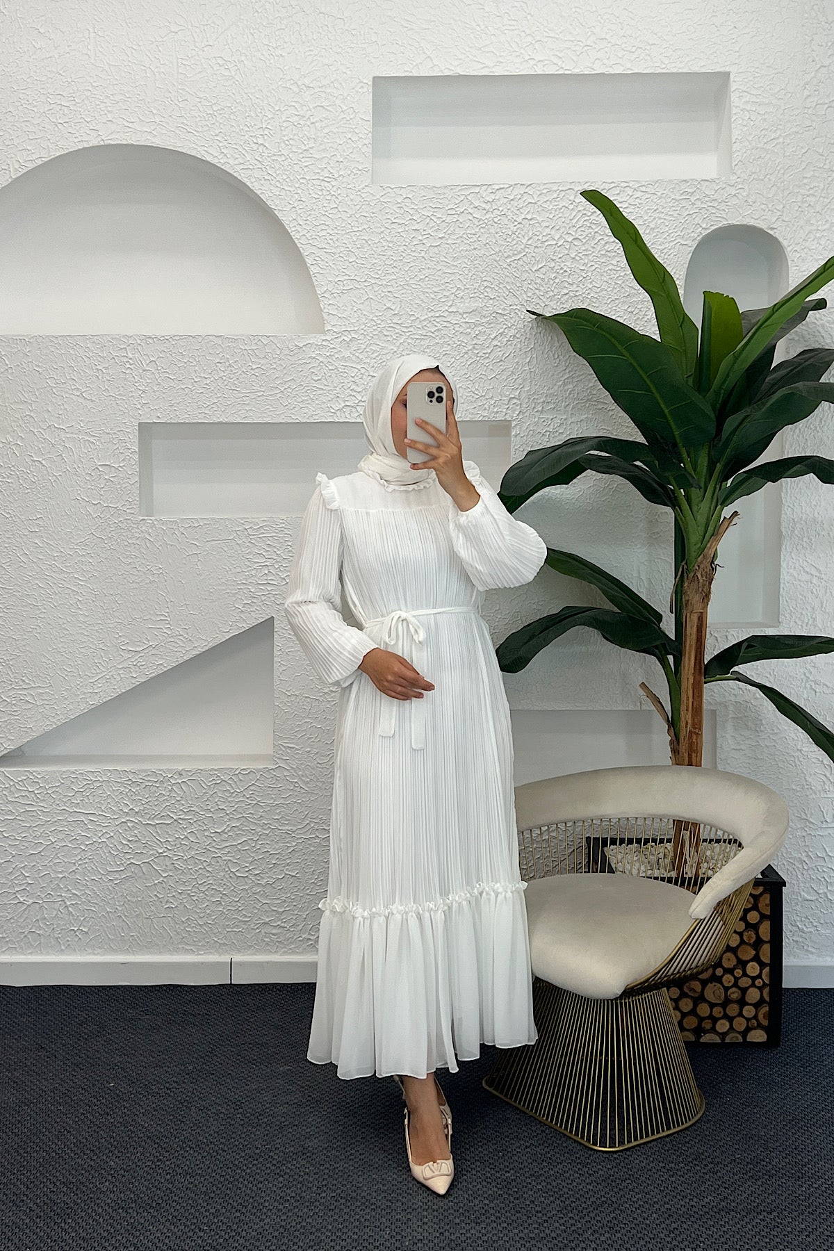 Bella Piliseli Şifon Elbise Beyaz 04670-BEYAZ
